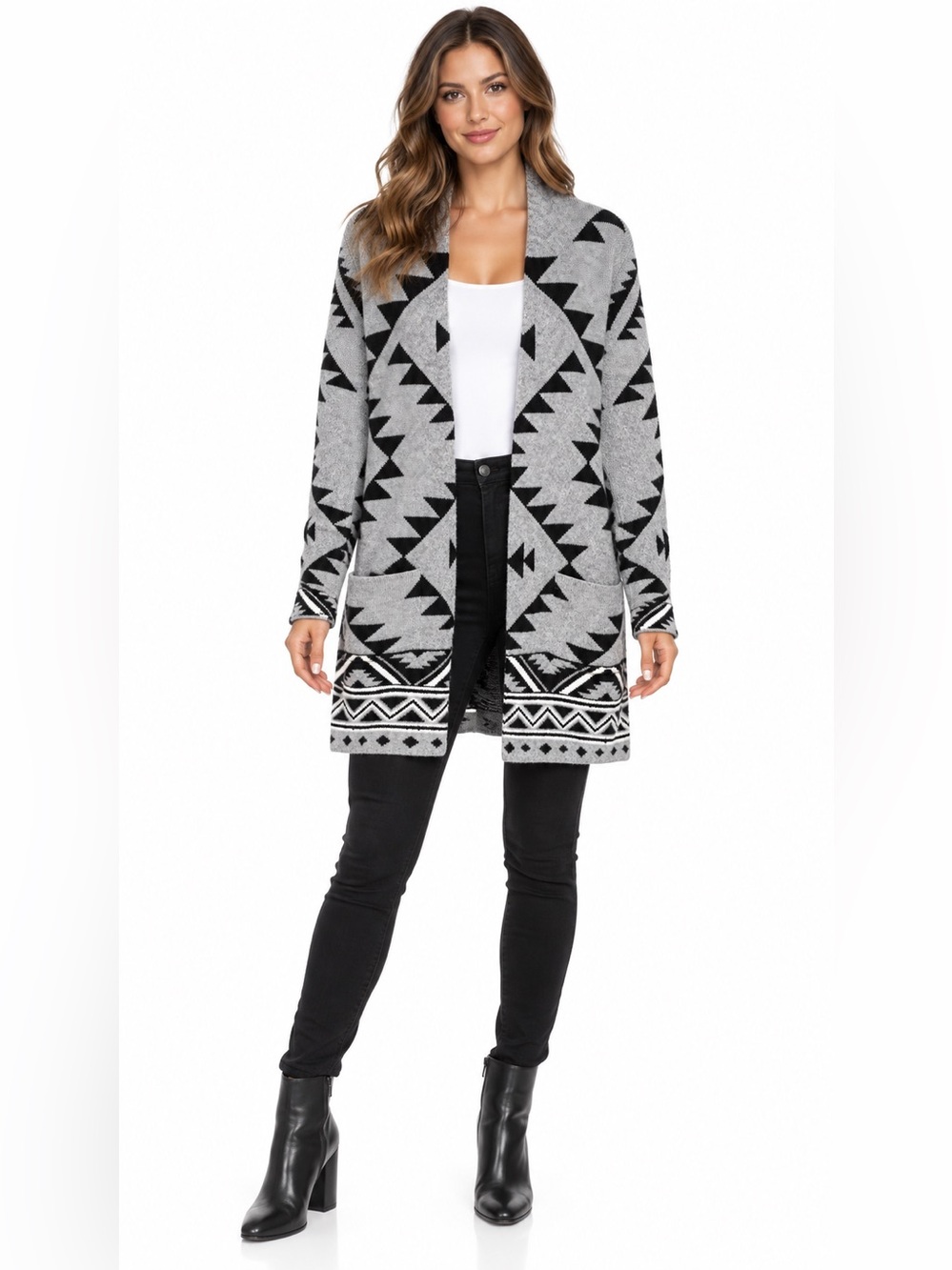 Frye Gray & Black Geometric Open-Front Cardigan